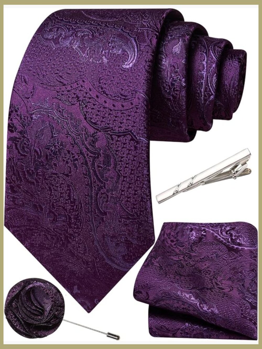 Unique Paisley Tie Set for Men - Silk Blend Necktie with Pocket Square, Lapel